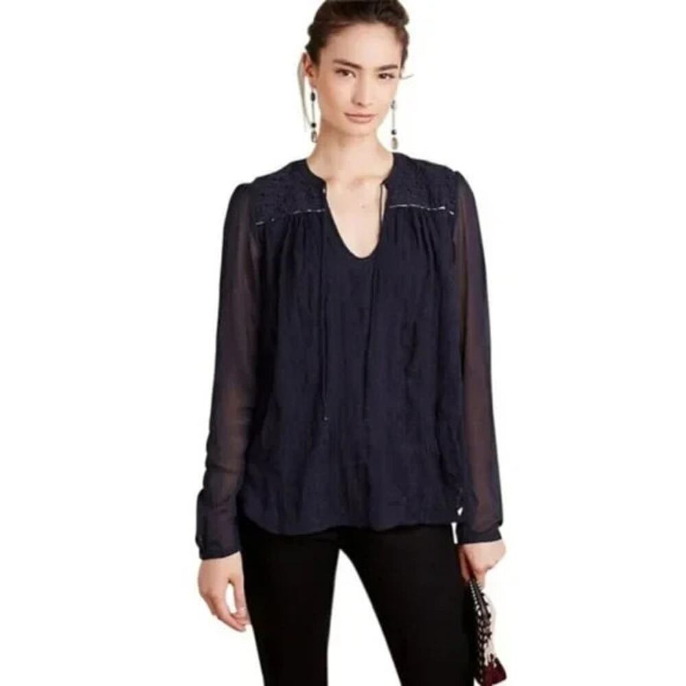 Anthropologie Tiny Paix Split Neck Embroidered Top Size S Navy Blue Long Sleeve